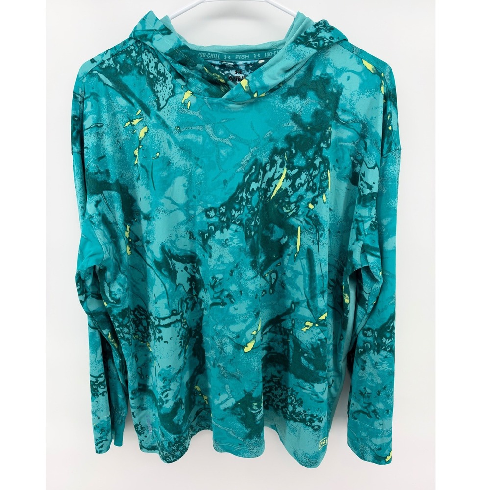 Under Armour Iso-Chill Fish Pro Hoodie Long Sleeve Sun Shirt Teal Camo Women XL